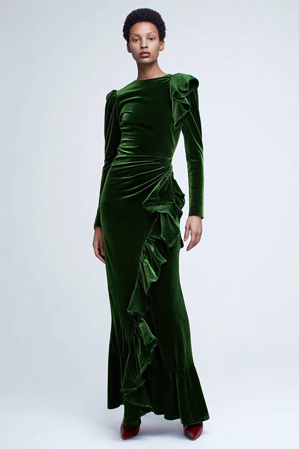 Leely Women Green Velvet Mermaid Long Holiday Party Dress Ruffled Formal Dress with Sleeves
