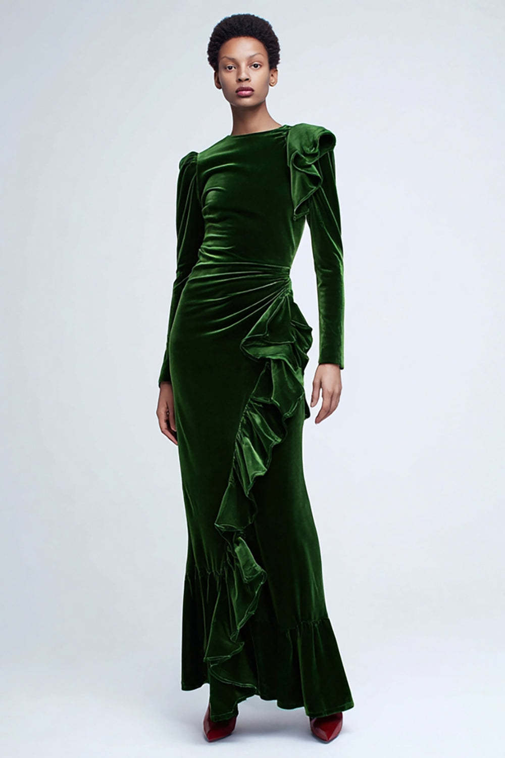 Leely Women Green Velvet Mermaid Long Holiday Party Dress Ruffled Formal Dress with Sleeves