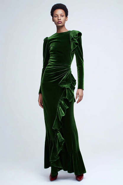 Leely Women Green Velvet Mermaid Long Holiday Party Dress Ruffled Formal Dress with Sleeves