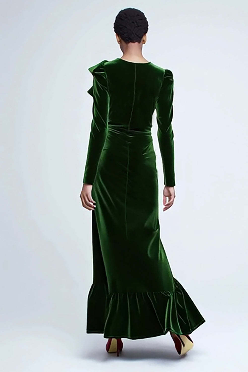 Green Velvet Mermaid Long Holiday Party Dress with Ruffles