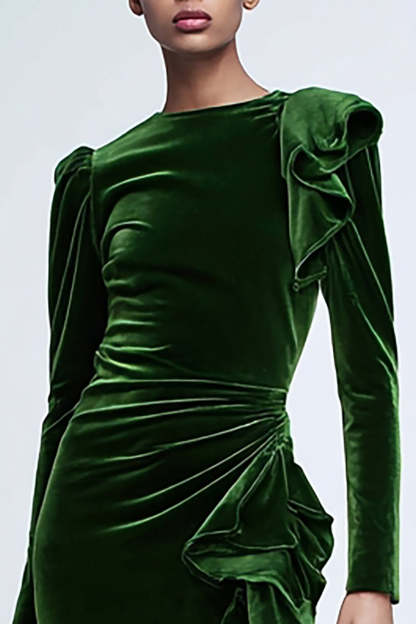 Green Velvet Mermaid Long Holiday Party Dress with Ruffles