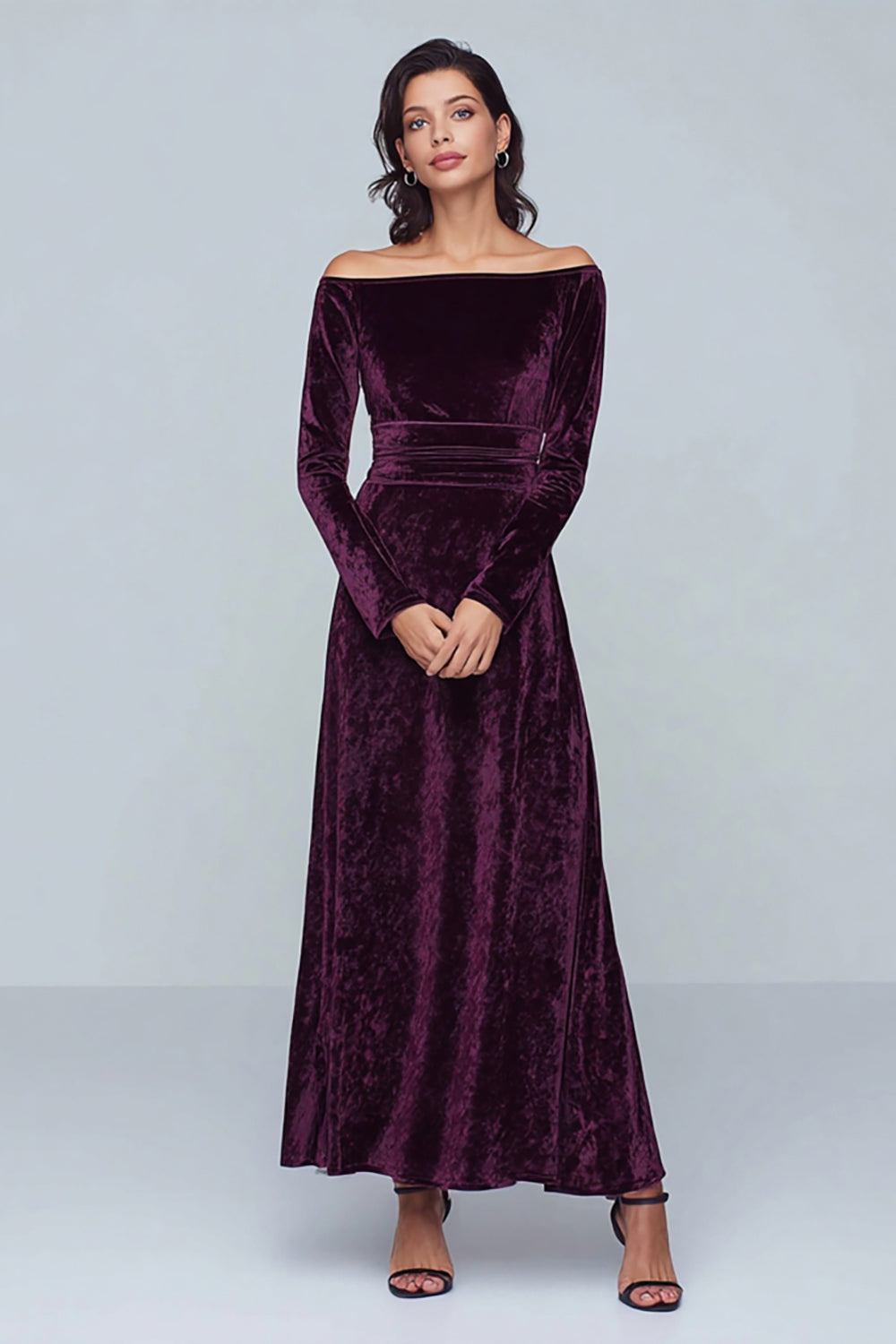 Velvet Plum A Line Long Holiday Party Dress with Sleeves