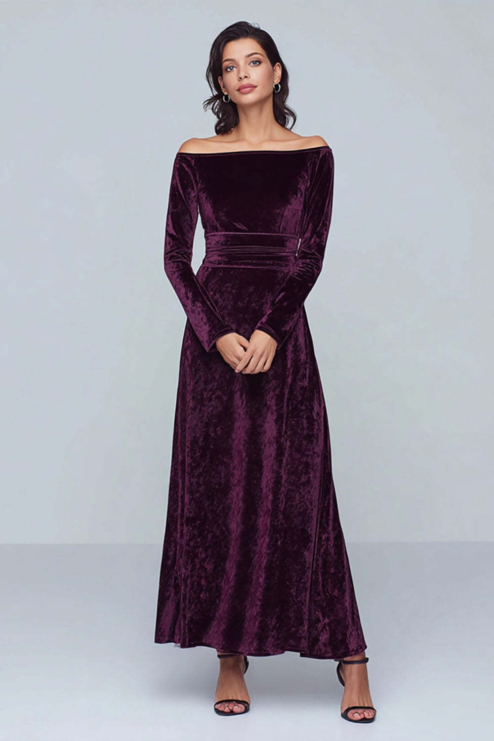 Leely Women Plum Velvet Maxi Holiday Party Dress with Sleeves A Line Off the Shoulder Formal Dress