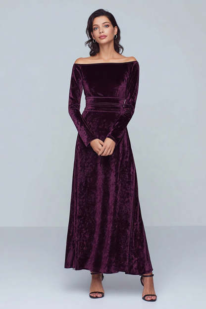Leely Women Plum Velvet Maxi Holiday Party Dress with Sleeves A Line Off the Shoulder Formal Dress