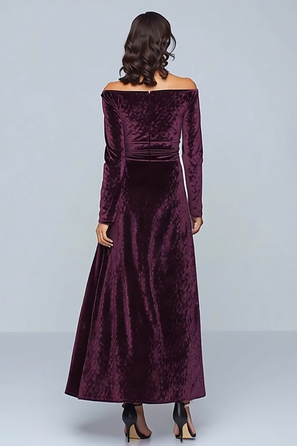 Velvet Plum A Line Long Holiday Party Dress with Sleeves