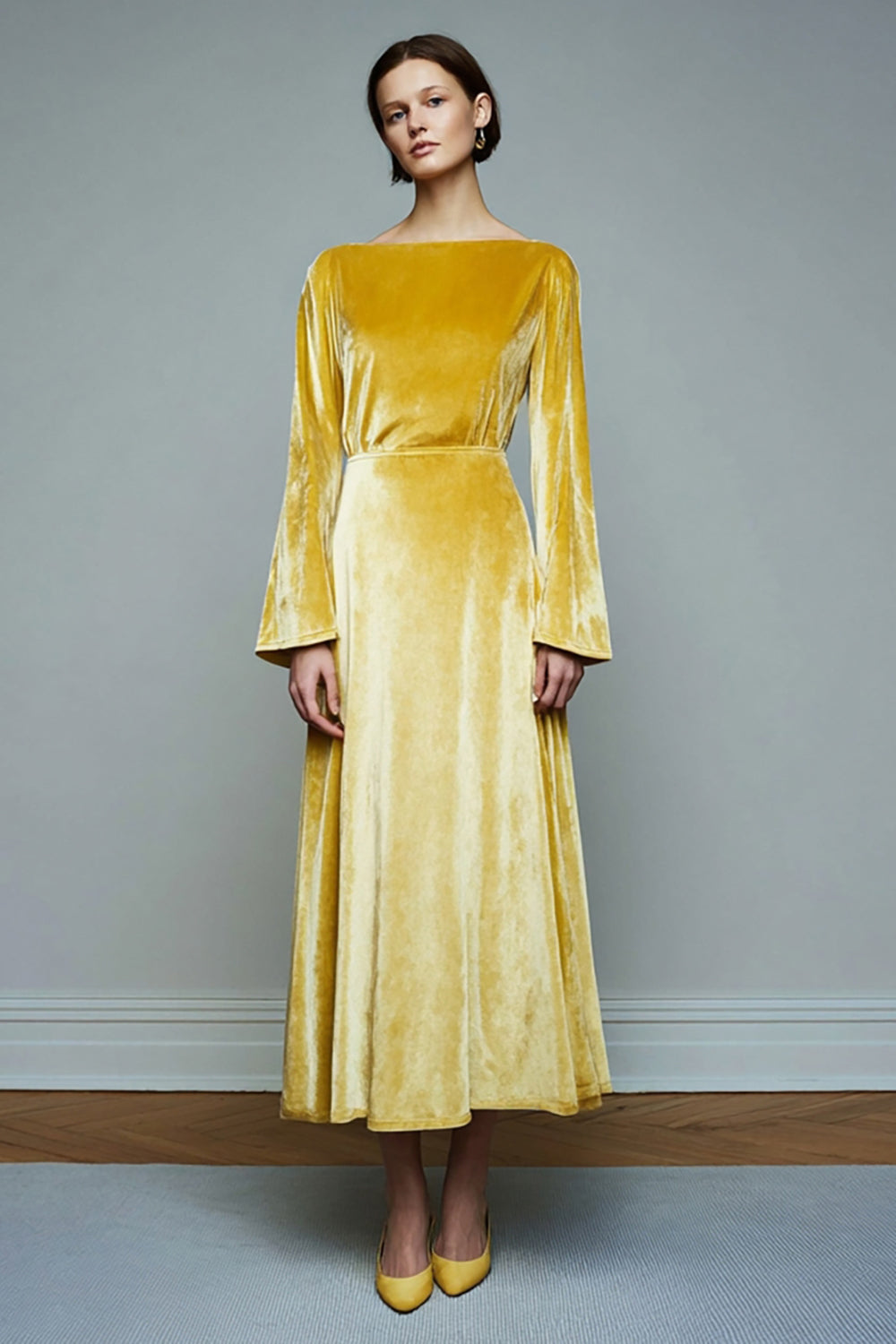 Leely Women Yellow Velvet Maxi Holiday Party Dress with Sleeves A Line Bateau Neck Formal Dress