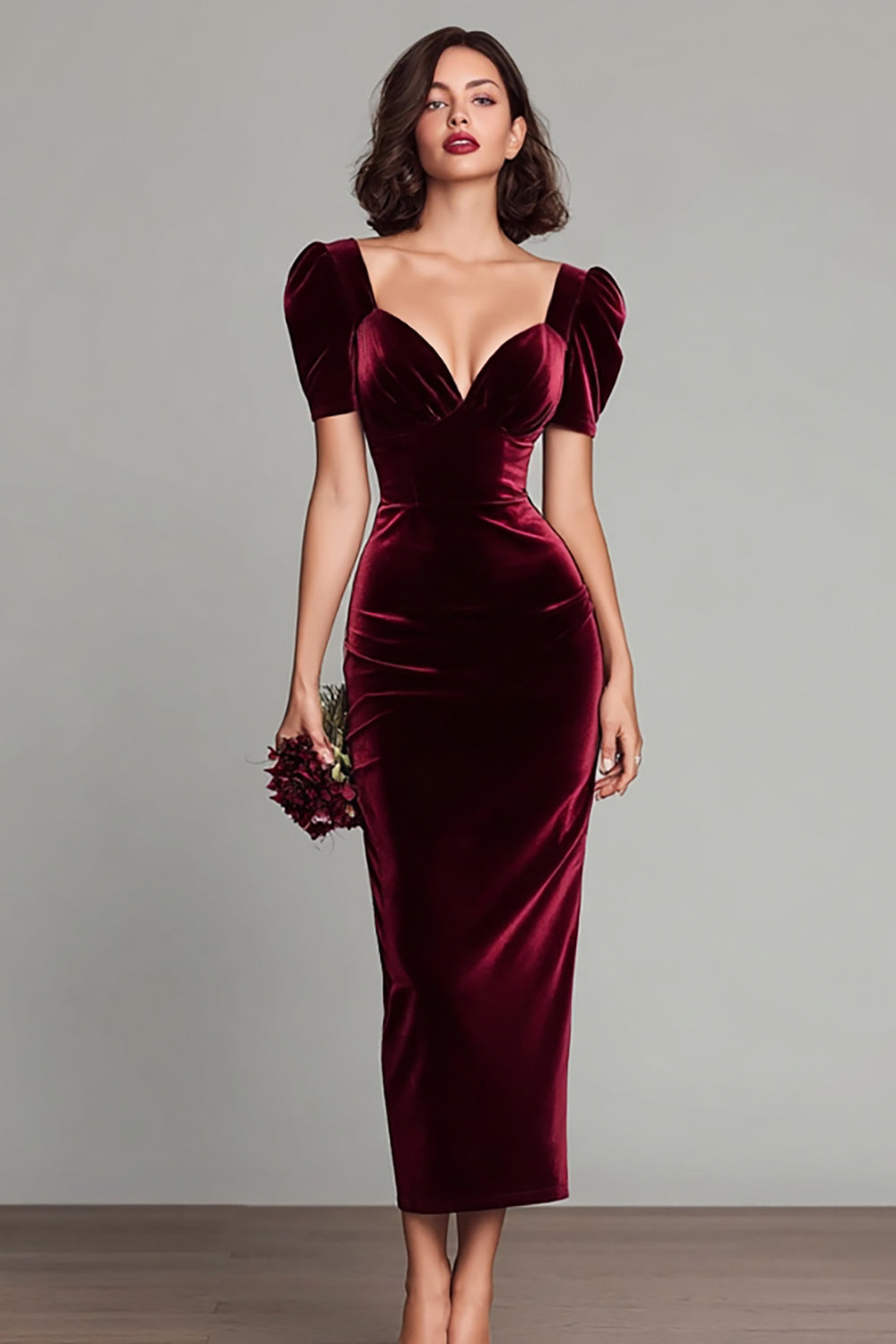 Leely Women Elegant Burgundy Velvet Holiday Party Dress Sheath Long Formal Dress with Sleeves