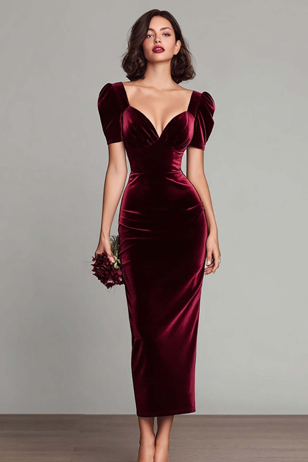 Leely Women Elegant Burgundy Velvet Holiday Party Dress Sheath Long Formal Dress with Sleeves