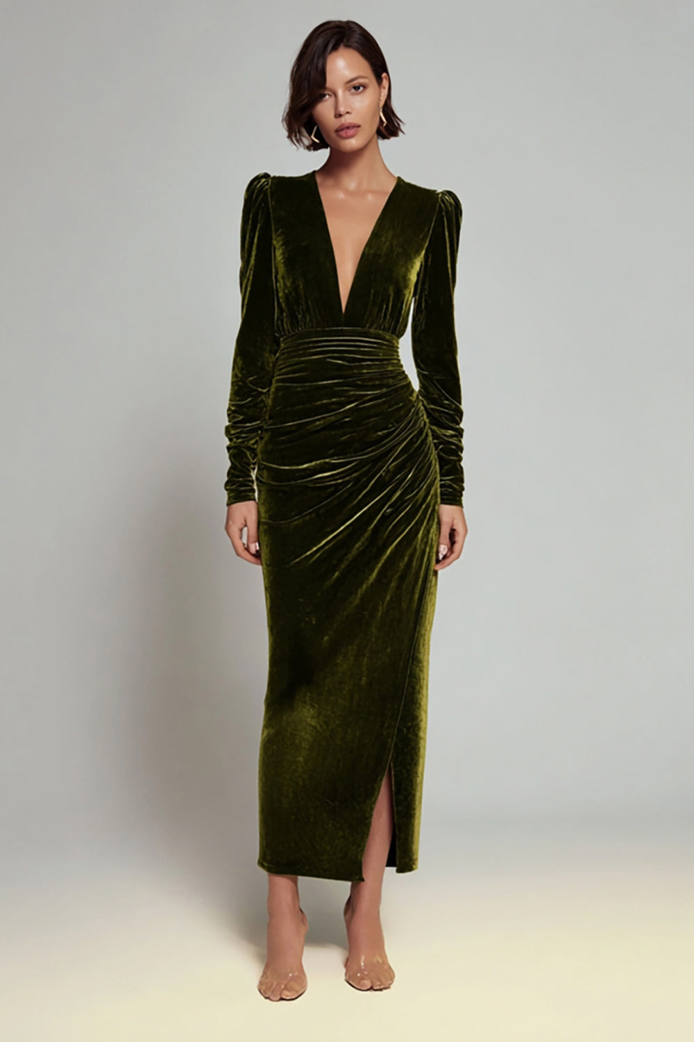 Olive Sheath Velvet V-Neck Long Sleeves Holiday Party Dress