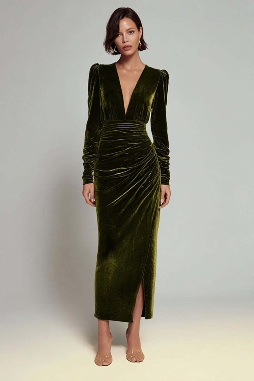 Leely Women Olive Velvet Long Holiday Party Dress with Slit Sheath Deep V-Neck Long Sleeves Evening Dress