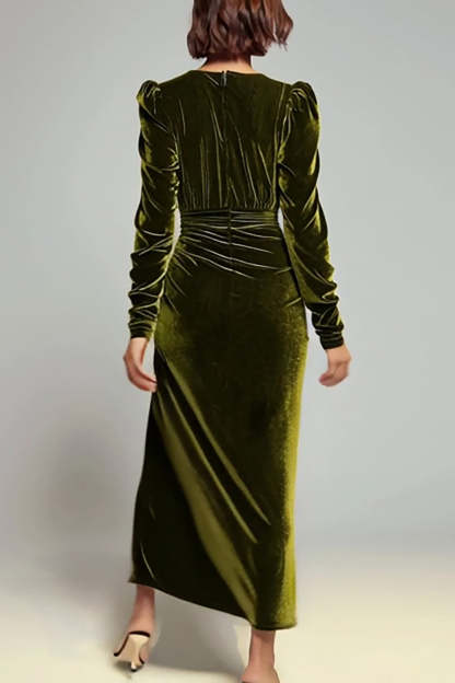 Olive Sheath Velvet V-Neck Long Sleeves Holiday Party Dress