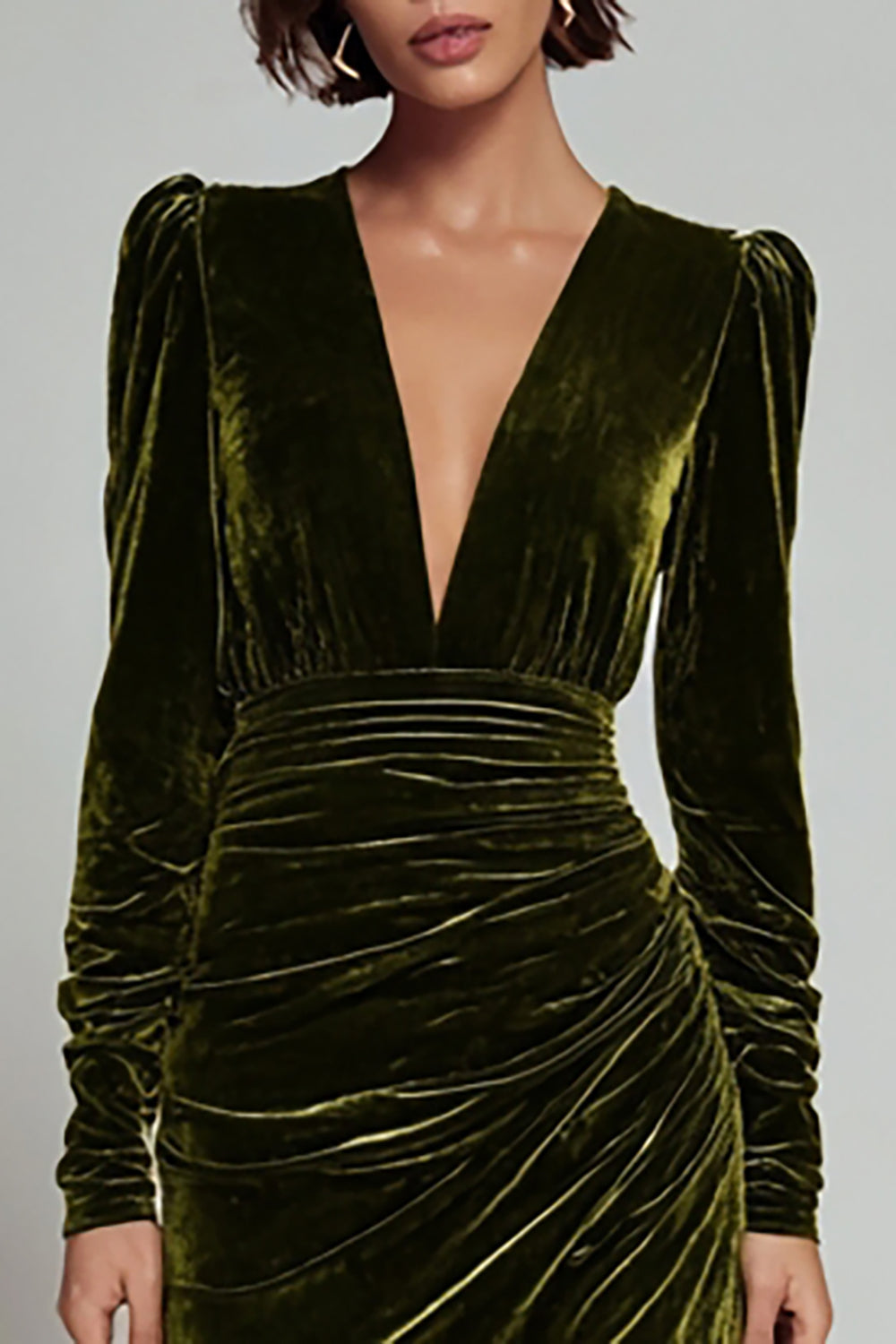 Olive Sheath Velvet V-Neck Long Sleeves Holiday Party Dress