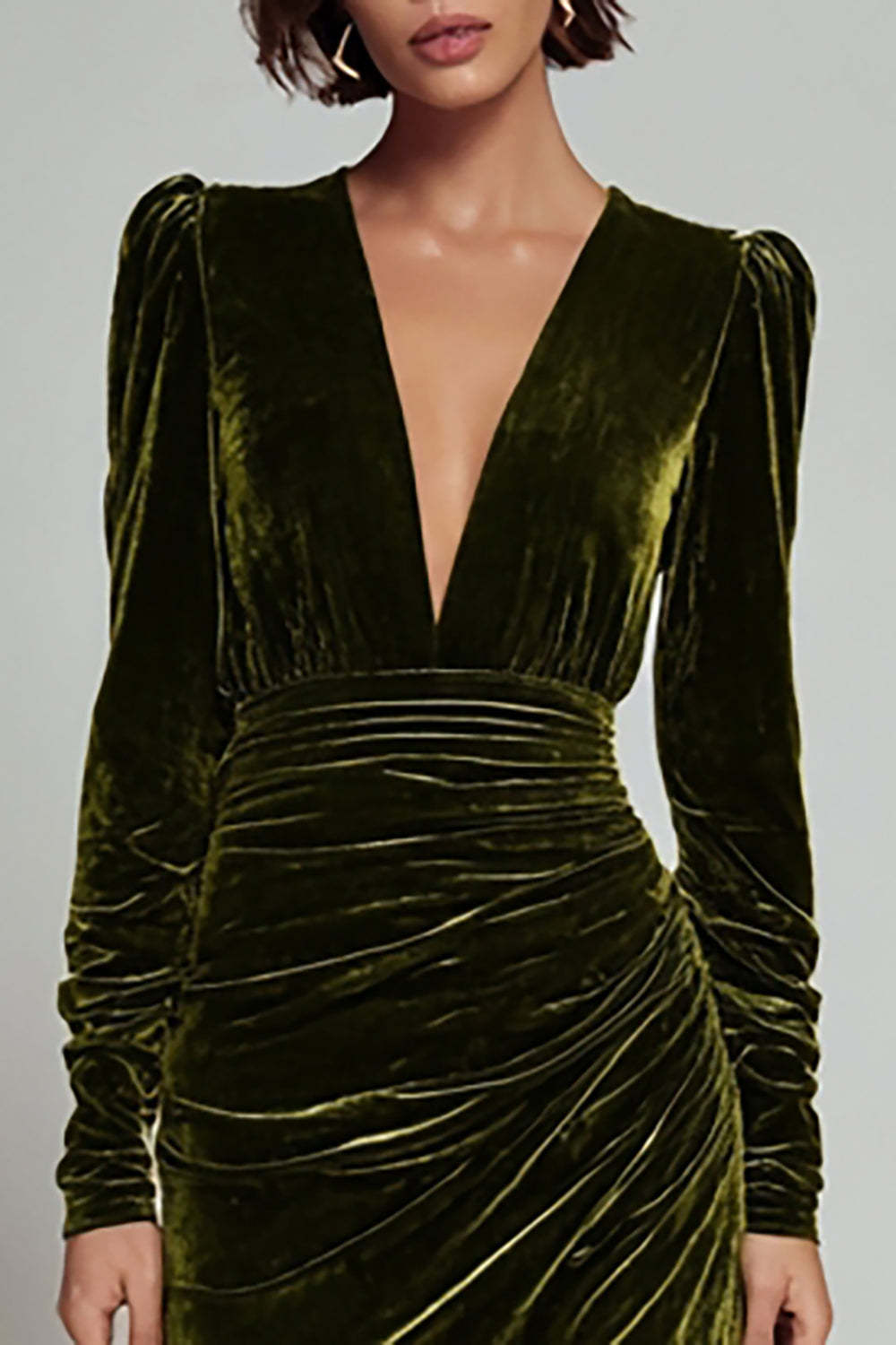 Olive Sheath Velvet V-Neck Long Sleeves Holiday Party Dress