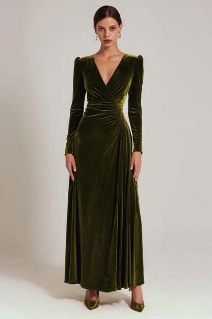 Leely Women Olive Velvet Maxi Holiday Party Dress with Sleeves A Line V-Neck Evening Dress