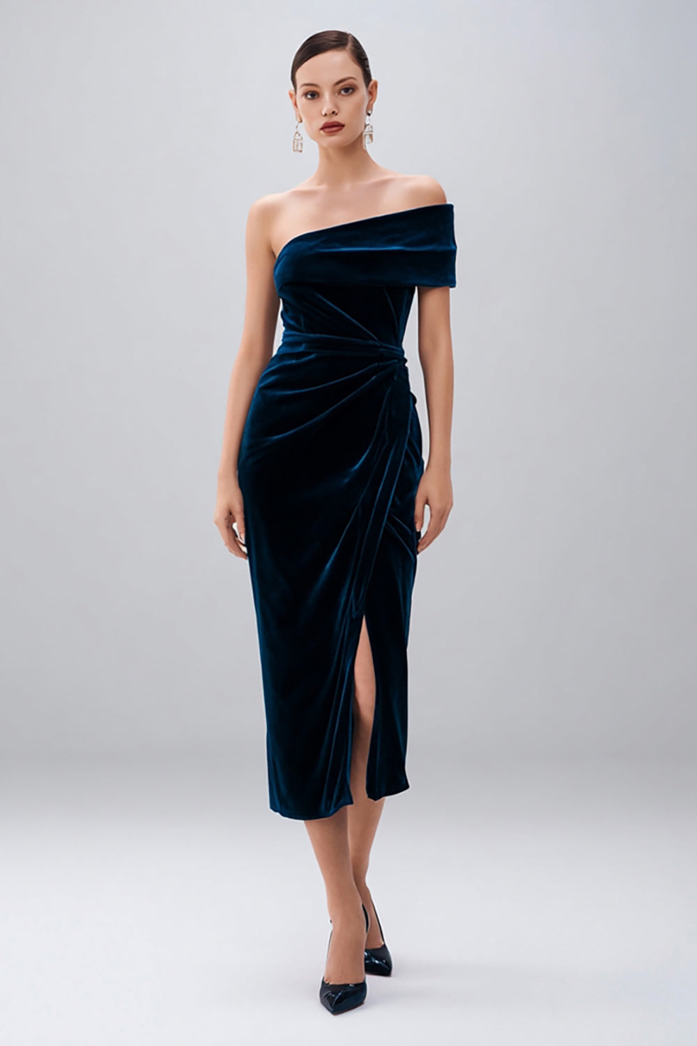 Navy Velvet Sheath Midi Ruched Holiday Party Dress with Slit