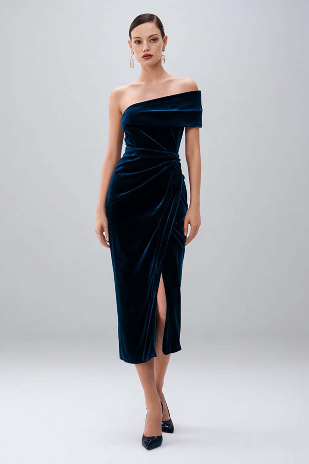 Leely Women Navy Velvet Sheath Holiday Party Dress with Slit Midi Ruched One Shoulder Cocktail Dress