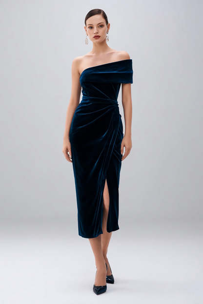 Leely Women Navy Velvet Sheath Holiday Party Dress with Slit Midi Ruched One Shoulder Cocktail Dress