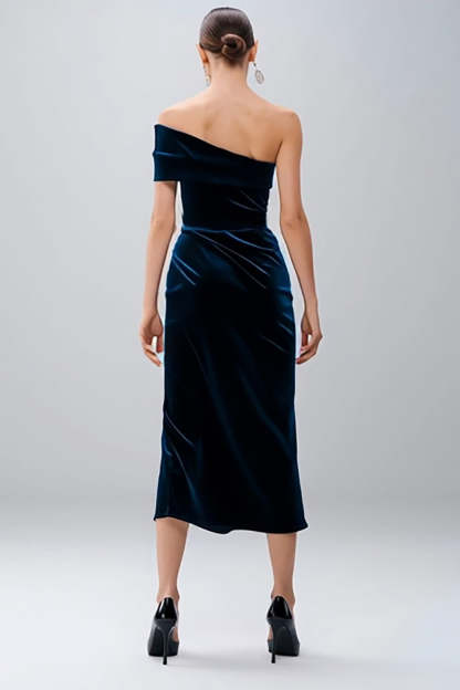 Navy Velvet Sheath Midi Ruched Holiday Party Dress with Slit