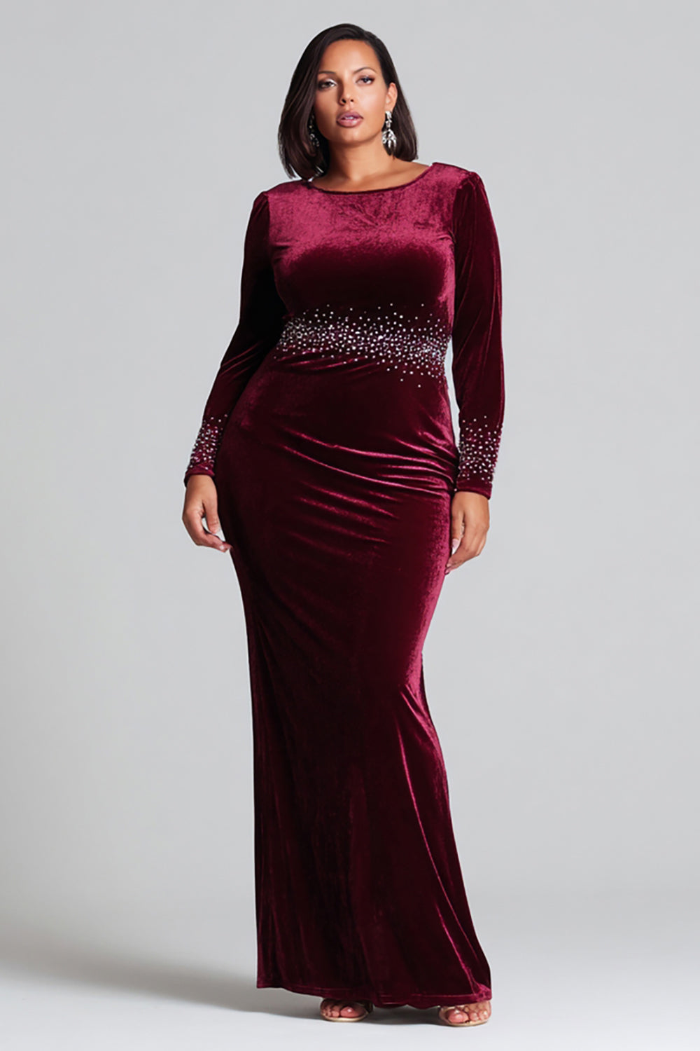 Plus Size Burgundy Velvet Mermaid Long Holiday Party Dress with Sleeves
