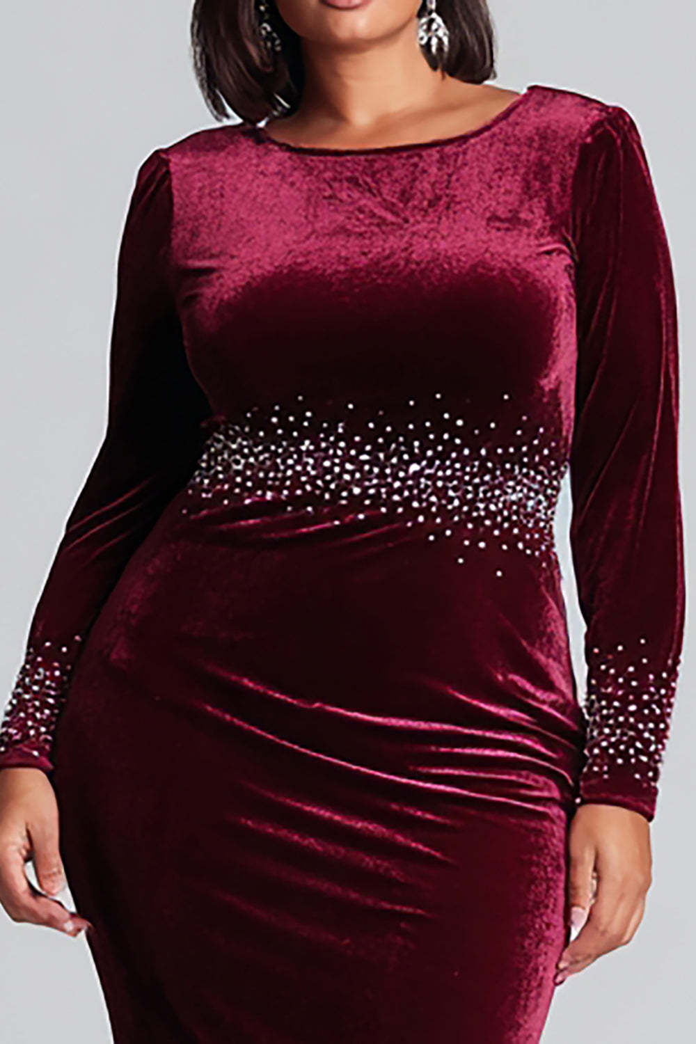 Plus Size Burgundy Velvet Mermaid Long Holiday Party Dress with Sleeves