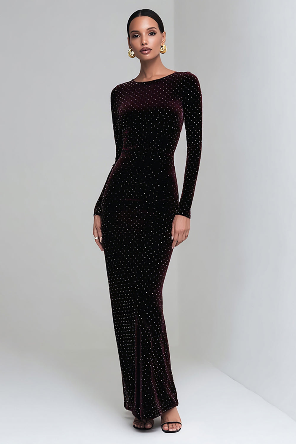 Leely Women Glitter Coffee Velvet Mermaid Long Holiday Party Dress Boat Neck Evening Dress with Sleeves