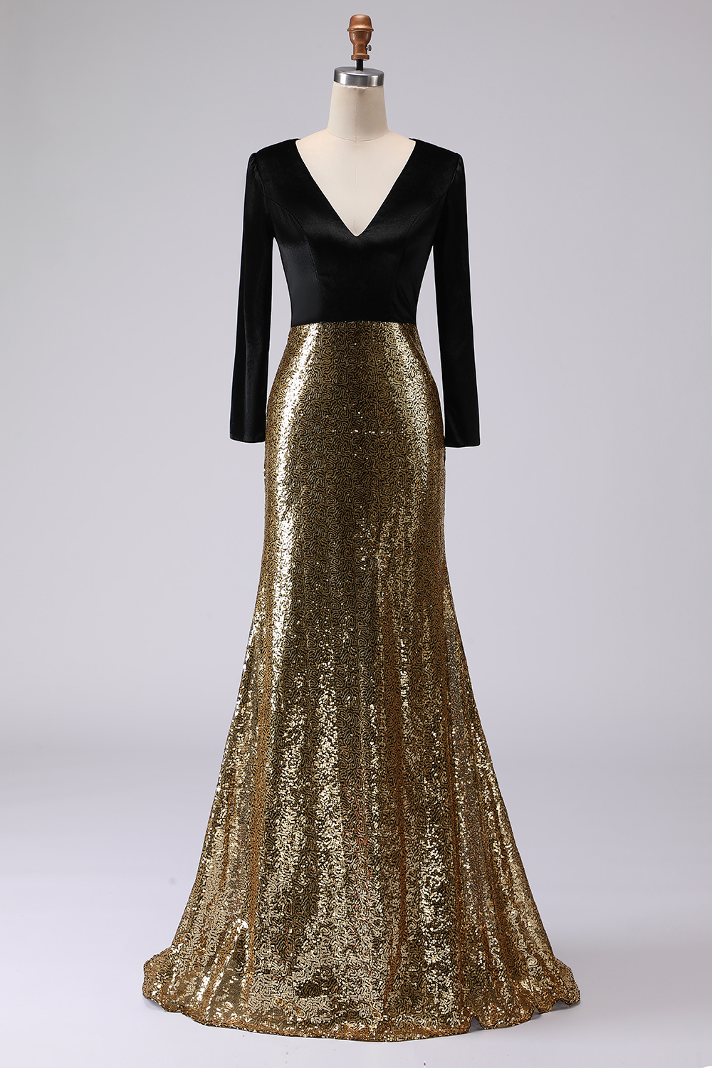 Sparkly Gold and Black Velvet V-Neck Maxi Holiday Party Dress with Sequins