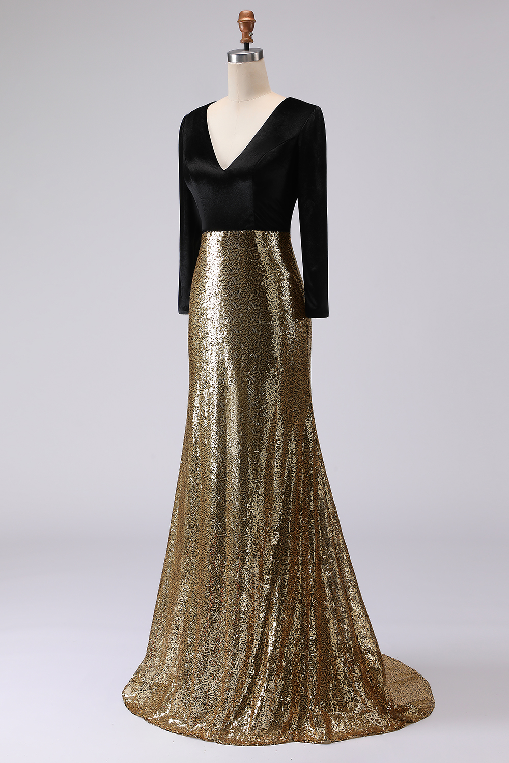 Sparkly Gold and Black Velvet Mermaid Maxi Holiday Party Dress with Sequins