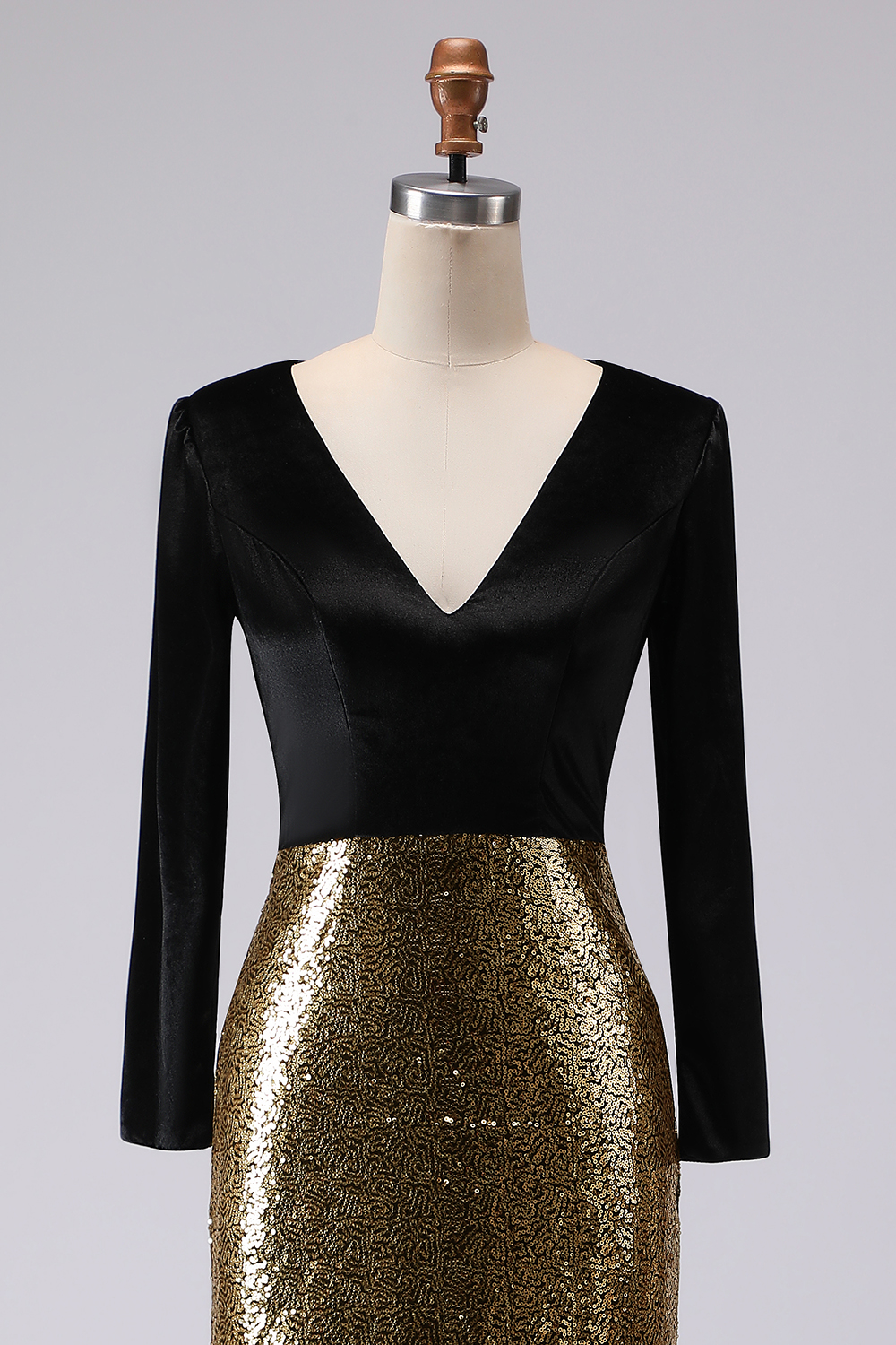 Sparkly Gold and Black Velvet Mermaid Maxi Holiday Party Dress with Sequins