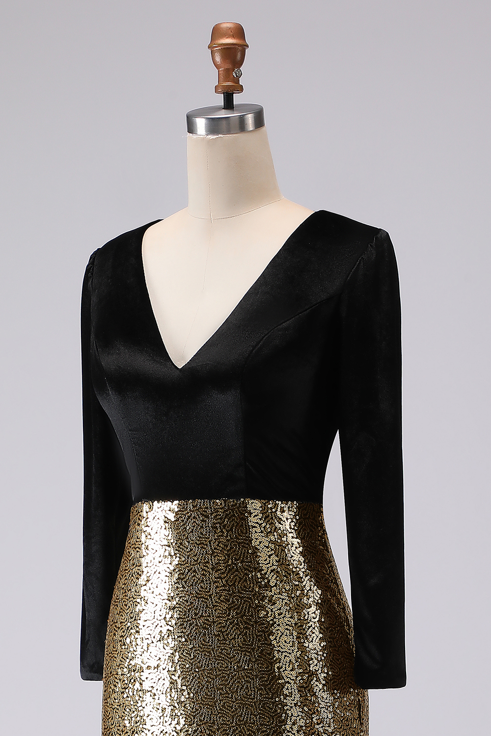 Sparkly Gold and Black Velvet Mermaid Maxi Holiday Party Dress with Sequins