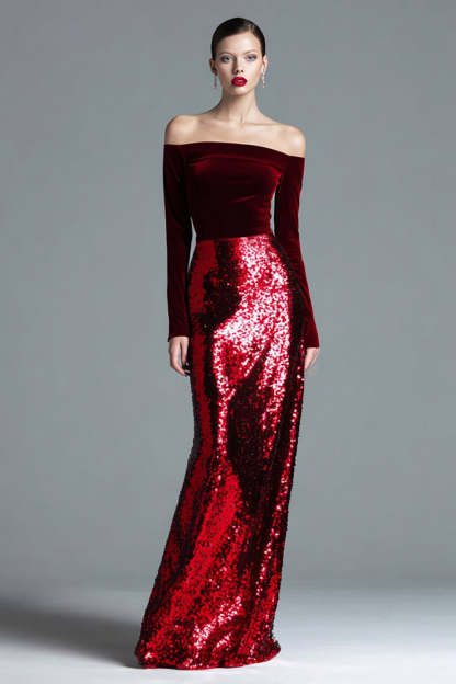 Leely Women Sparkly Burgundy Velvet Maxi Holiday Party Dress with Sequins Mermaid Off the Shoulder Formal Dress with Sleeves