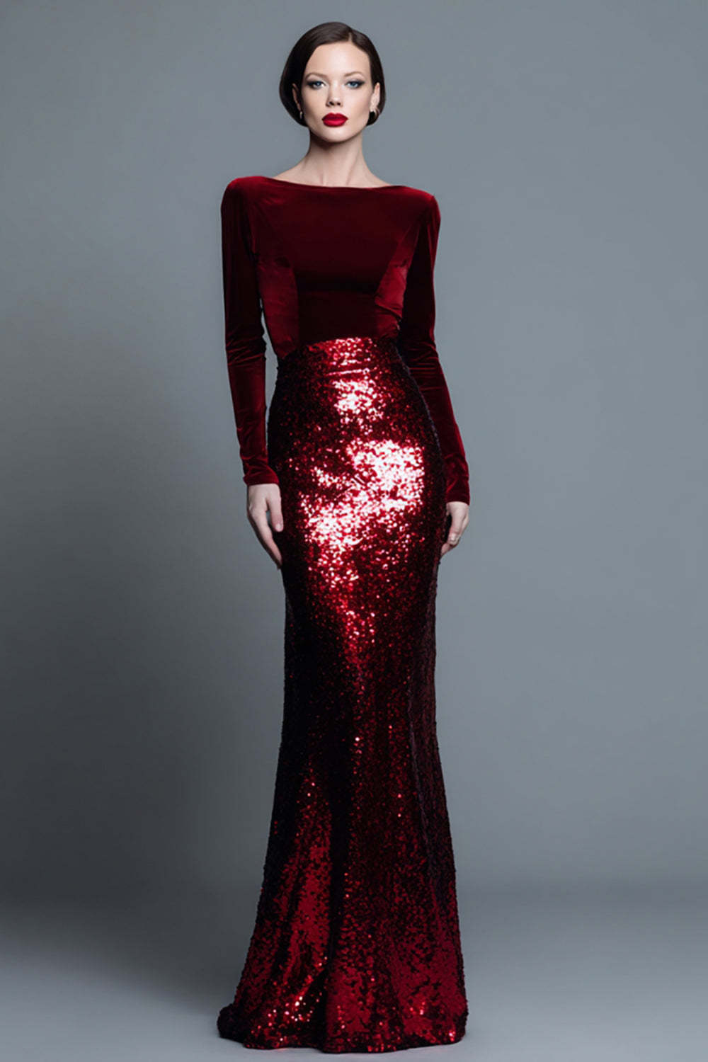 Leely Women Sparkly Navy Sequin Maxi Holiday Party Dress with Sleeves Mermaid Bateau Neck Velvet Evening Dress