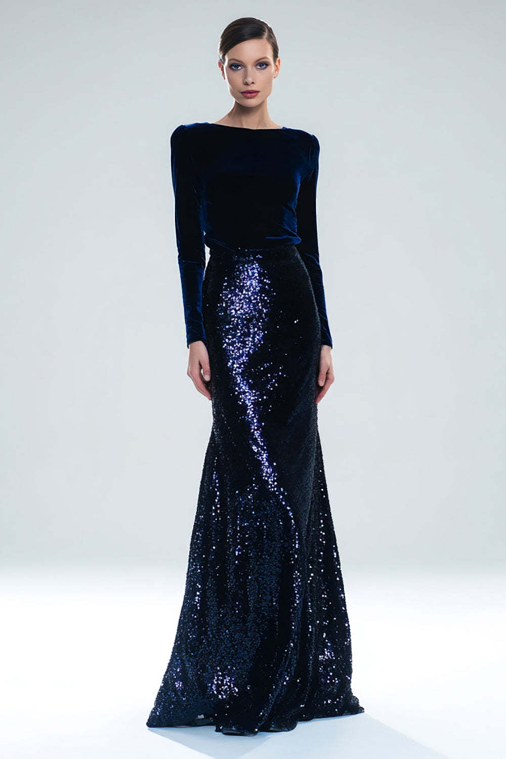 Sparkly Navy Sequins Mermaid Long Holiday Party Dress with Sleeves
