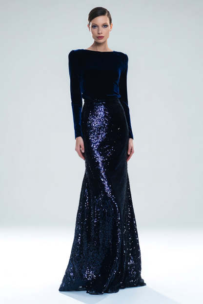 Sparkly Navy Sequins Mermaid Long Holiday Party Dress with Sleeves