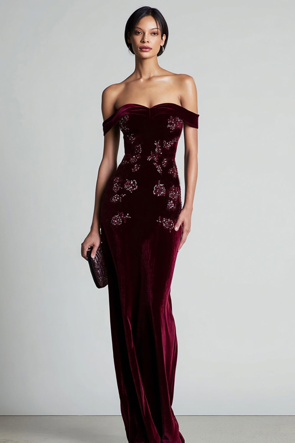 Burgundy Off the Shoulder Velvet Sheath Long Floral Holiday Party Dress
