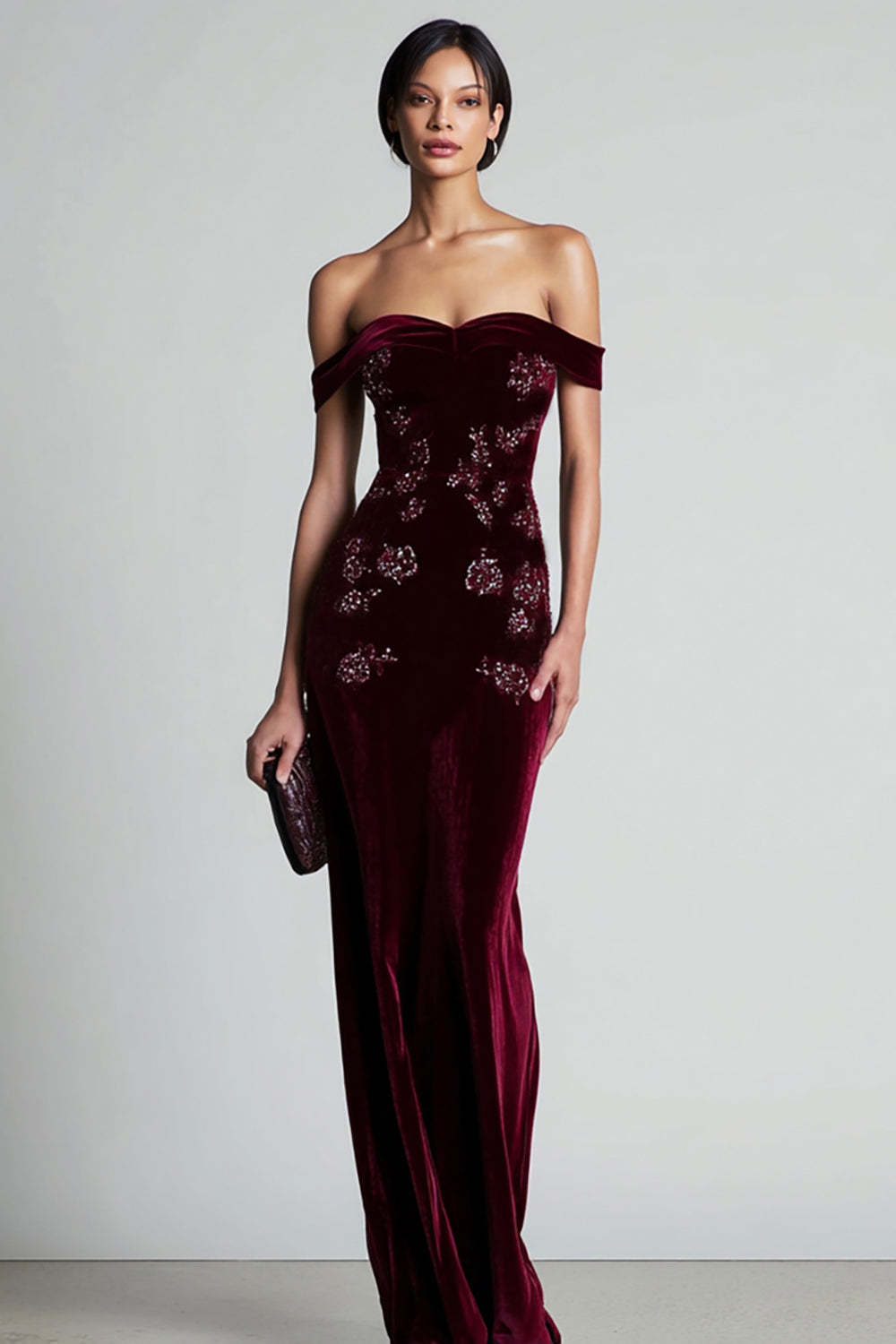 Leely Women Sparkly Burgundy Velvet Long Holiday Party Dress Floral Off the Shoulder Sheath Evening Dress