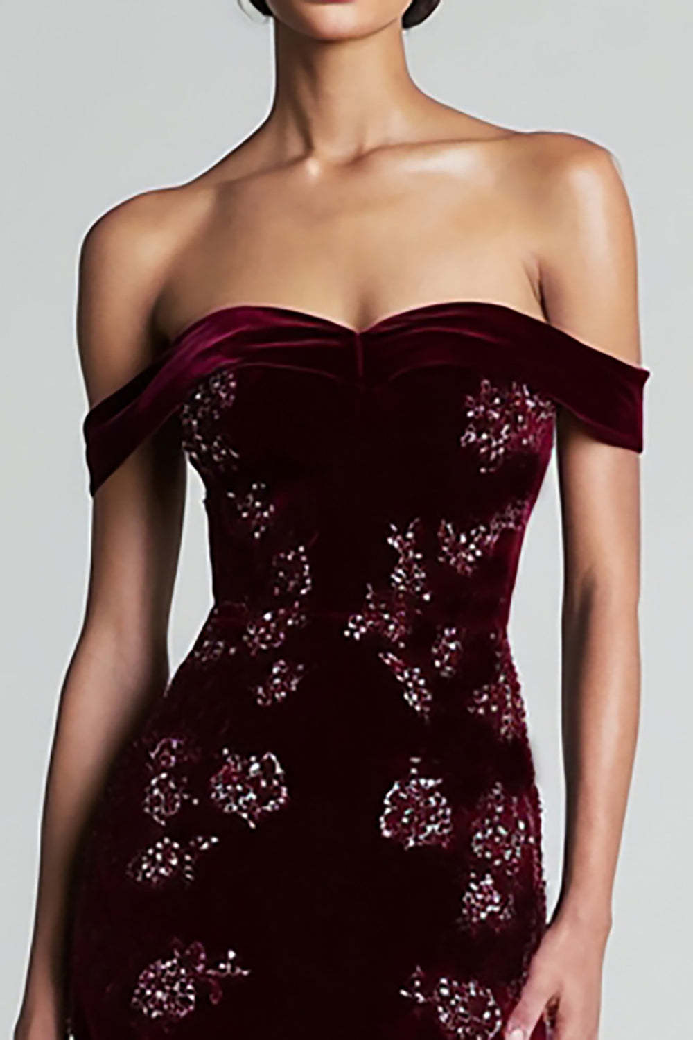 Burgundy Off the Shoulder Velvet Sheath Long Floral Holiday Party Dress