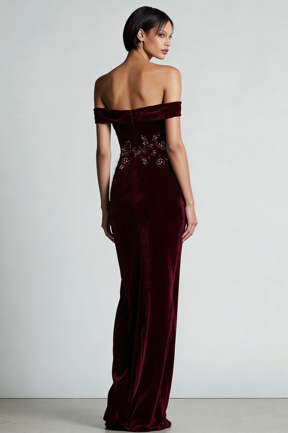 Burgundy Off the Shoulder Velvet Sheath Long Floral Holiday Party Dress