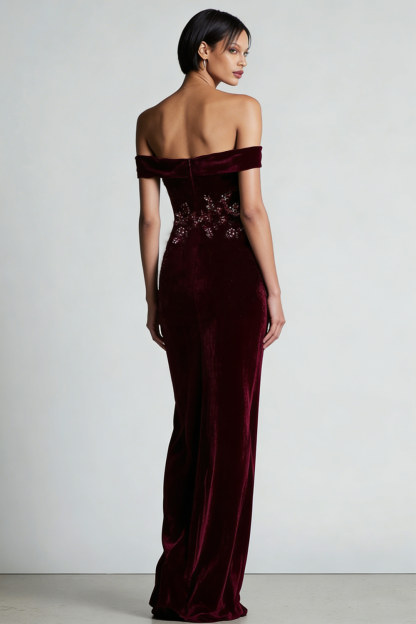 Burgundy Off the Shoulder Velvet Sheath Long Floral Holiday Party Dress
