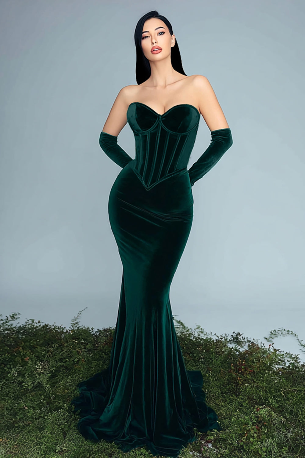 Leely Women Gorgeous Dark Green Corset Long Holiday Party Dress Velvet Mermaid Sweetheart Evening Dress