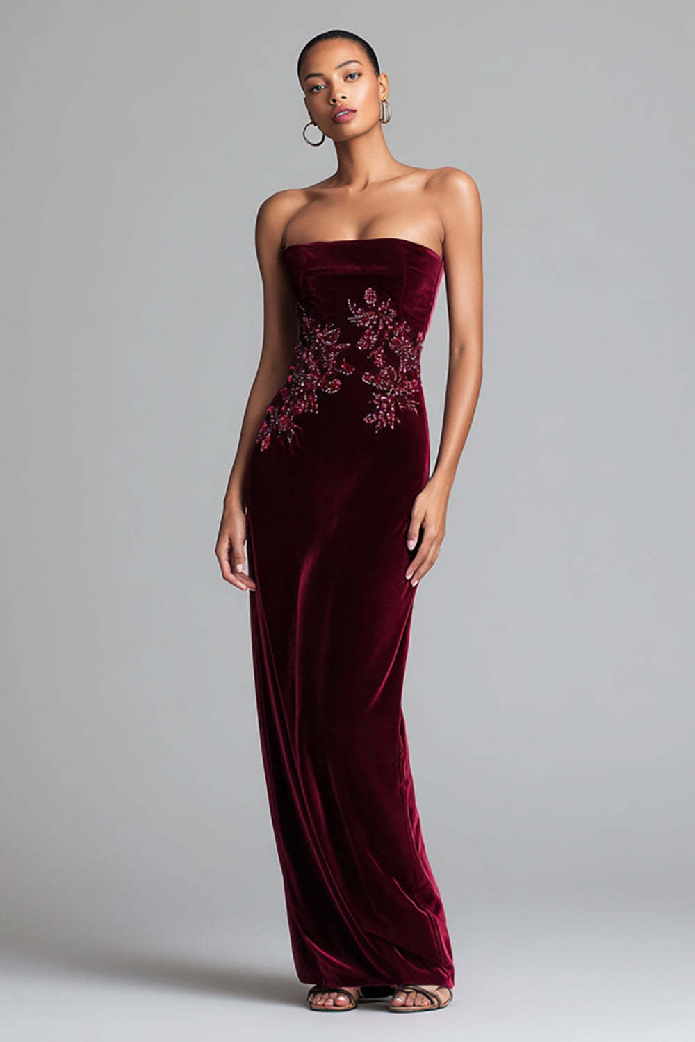 Leely Women Burgundy Velvet Long Holiday Party Dress with Sequins Strapless Sheath Floral Evening Dress