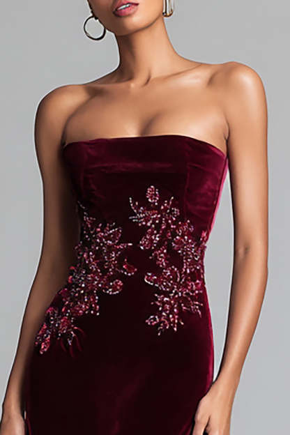Burgundy Strapless Velvet Floral Sheath Long Holiday Party Dress