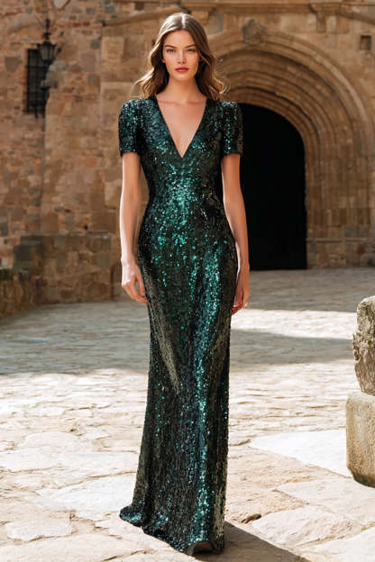Leely Women Sparkly Dark Green Sequin Long Holiday Party Dress Short Sleeves V-Neck Mermaid Evening Dress