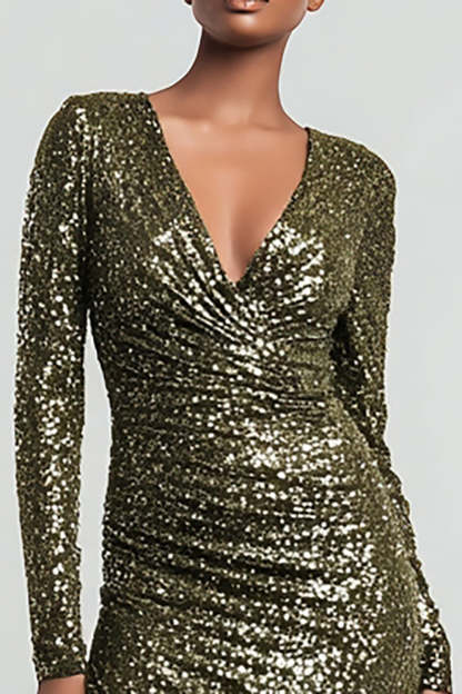 Sparkly Olive Long Sleeves Sequin Holiday Party Dress with Slit