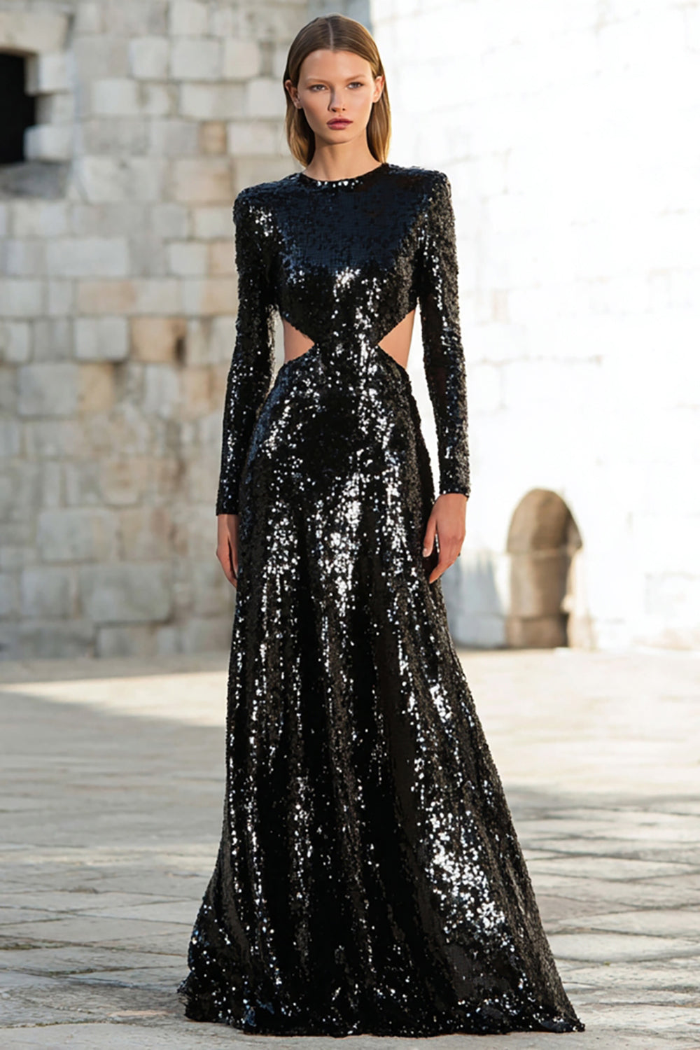 Leely Women Sparkly Black Long Sleeves Sequin Holiday Party Dress Sheath Cut Out Round Neck Formal Dress