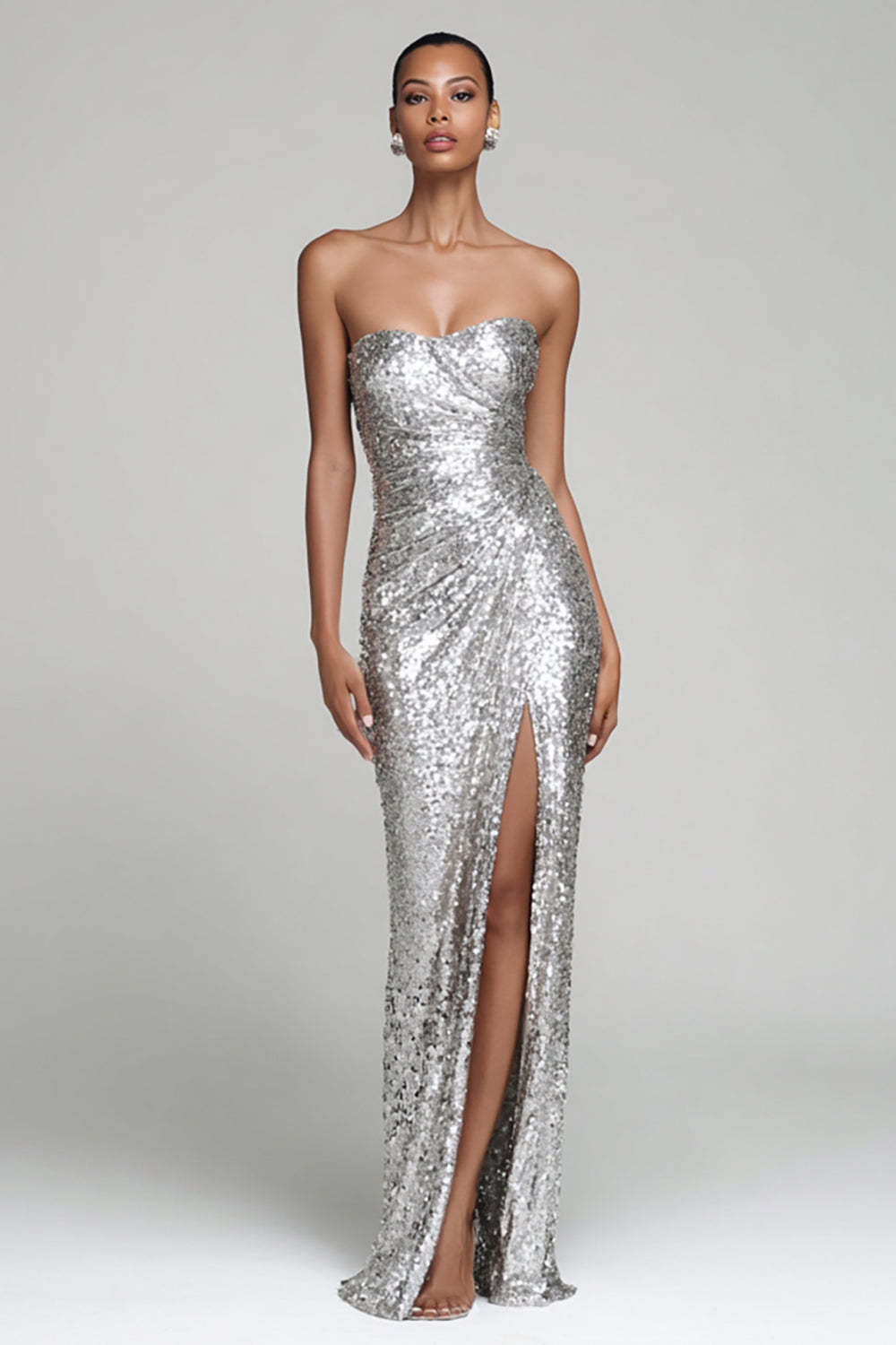 Leely Women Sparkly Silver Sheath Sequin Holiday Party Dress with Slit Strapless Ruched Long Formal Dress