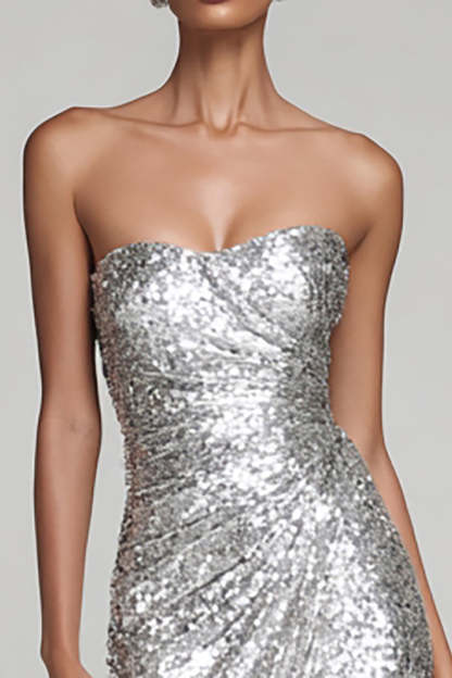 Silver Sparkly Sequin Strapless Long Holiday Party Dress with Slit