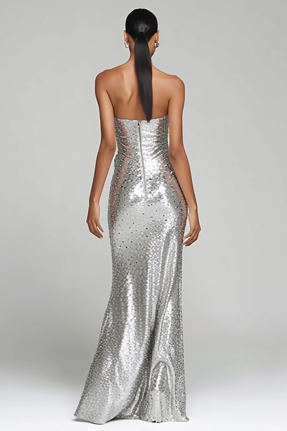 Silver Sparkly Sequin Strapless Long Holiday Party Dress with Slit