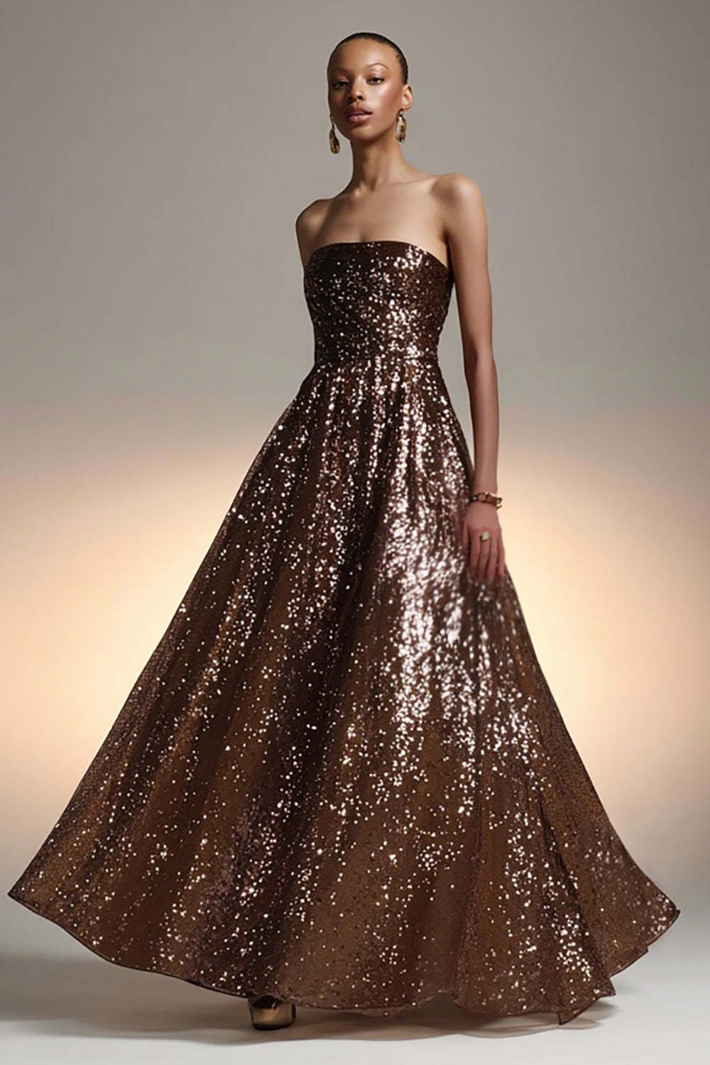 Leely Women Sparkly Brown Long Sequin Holiday Party Dress A Line Strapless Evening Dress