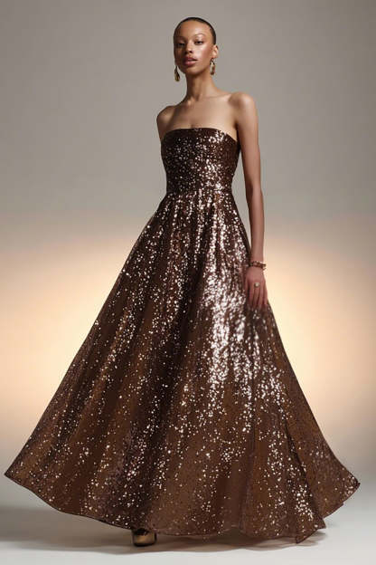 Leely Women Sparkly Brown Long Sequin Holiday Party Dress A Line Strapless Evening Dress