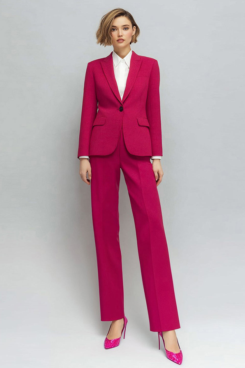 Leely Women Fuchsia 2 Piece Fitted Prom Suits Peak Lapel Long Sleeves One Button Business Tuxedo